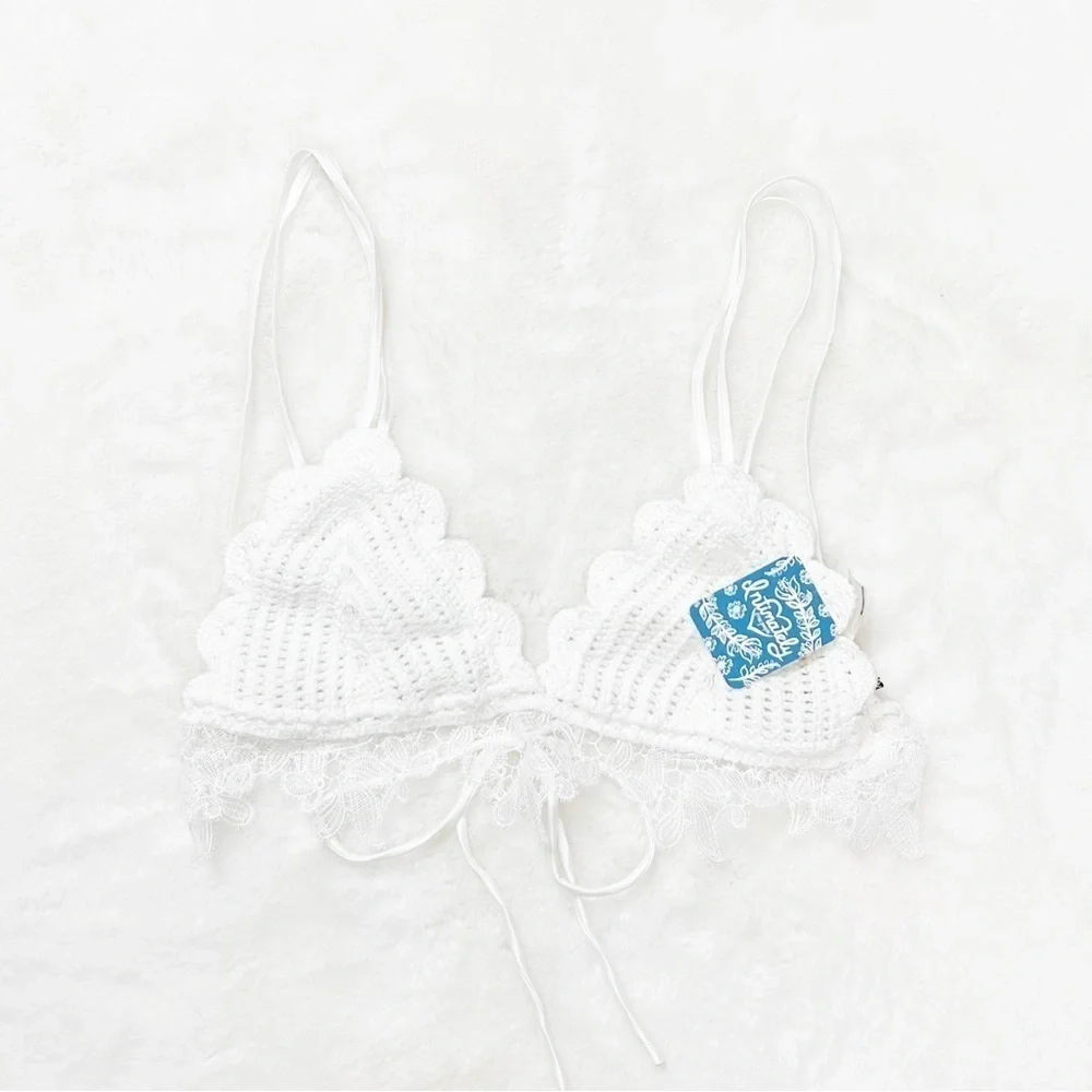 NWT Free People Cora Crochet Lace Trim Strappy Bralette in White